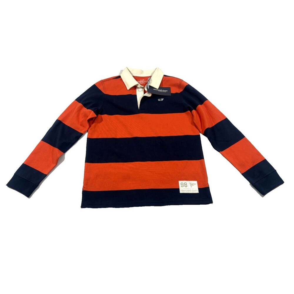 Vineyard Vines Rugby Shirt Boys Long Sleeve Stripe Navy Orange Preppy Sz M NEW